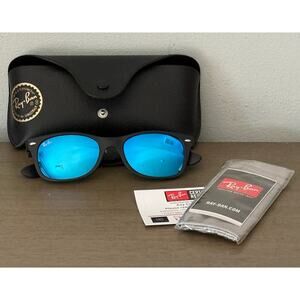 New Ray-Ban RB2132 New Wayfarer 622/17 Matte Black Blue Lens 52mm Sunglasses 3N